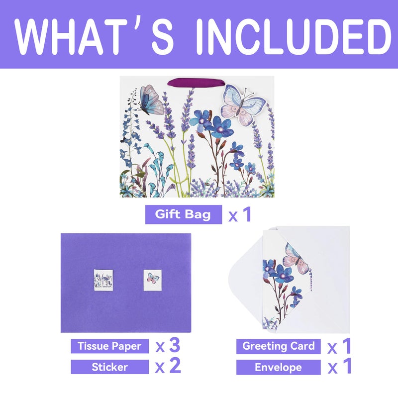 Qirrmiy 13"" Large Purple Gift Bag Set with Greeting Card and Tissue Paper (Lavender and 3D Butterfly) Women's Birthday  Girls Party  Mother's Day  Wedding  Valentine's Day - Image 3